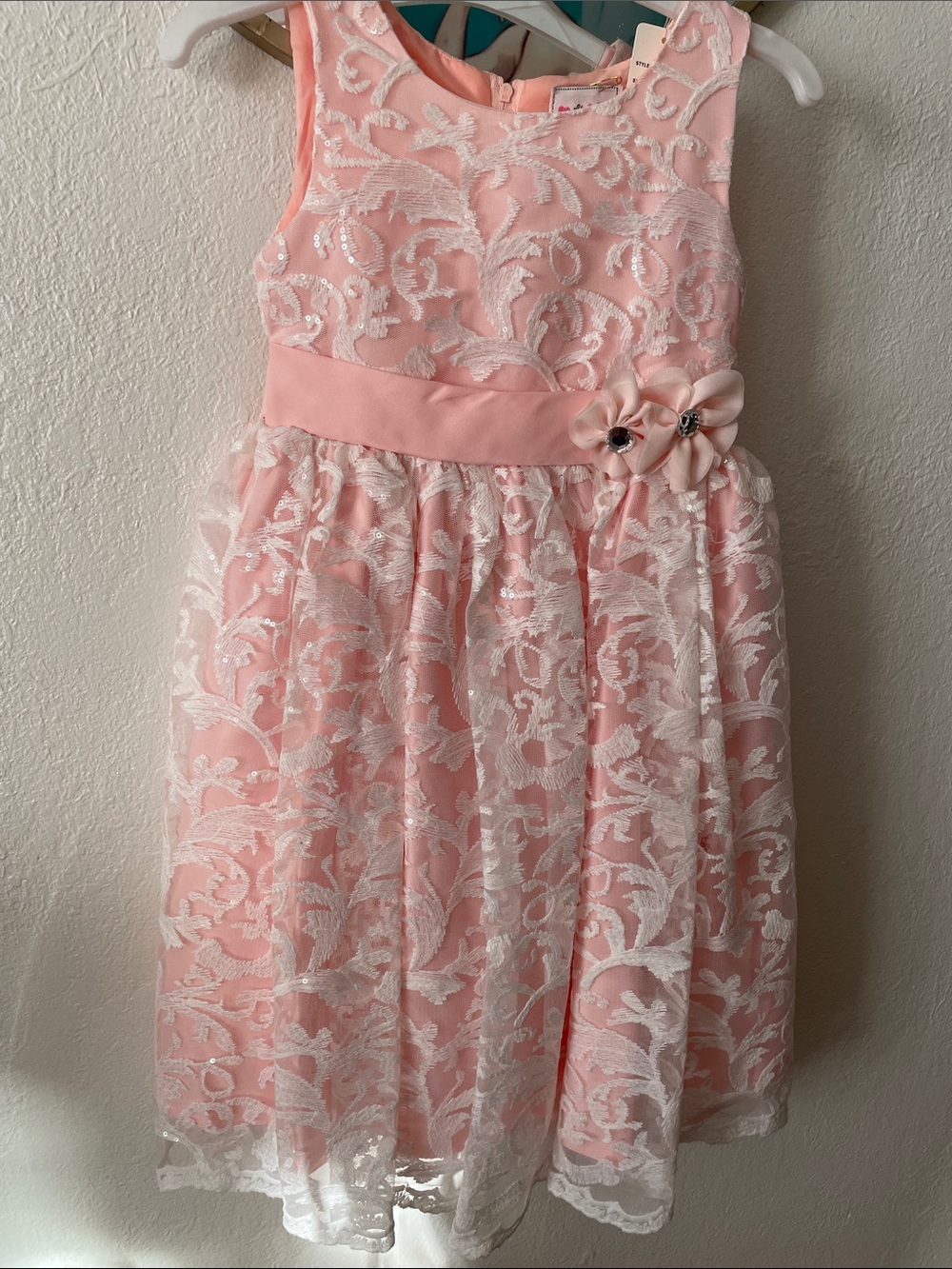 Pippa & Julie Pink Dress with White Lace Overlay and Bow